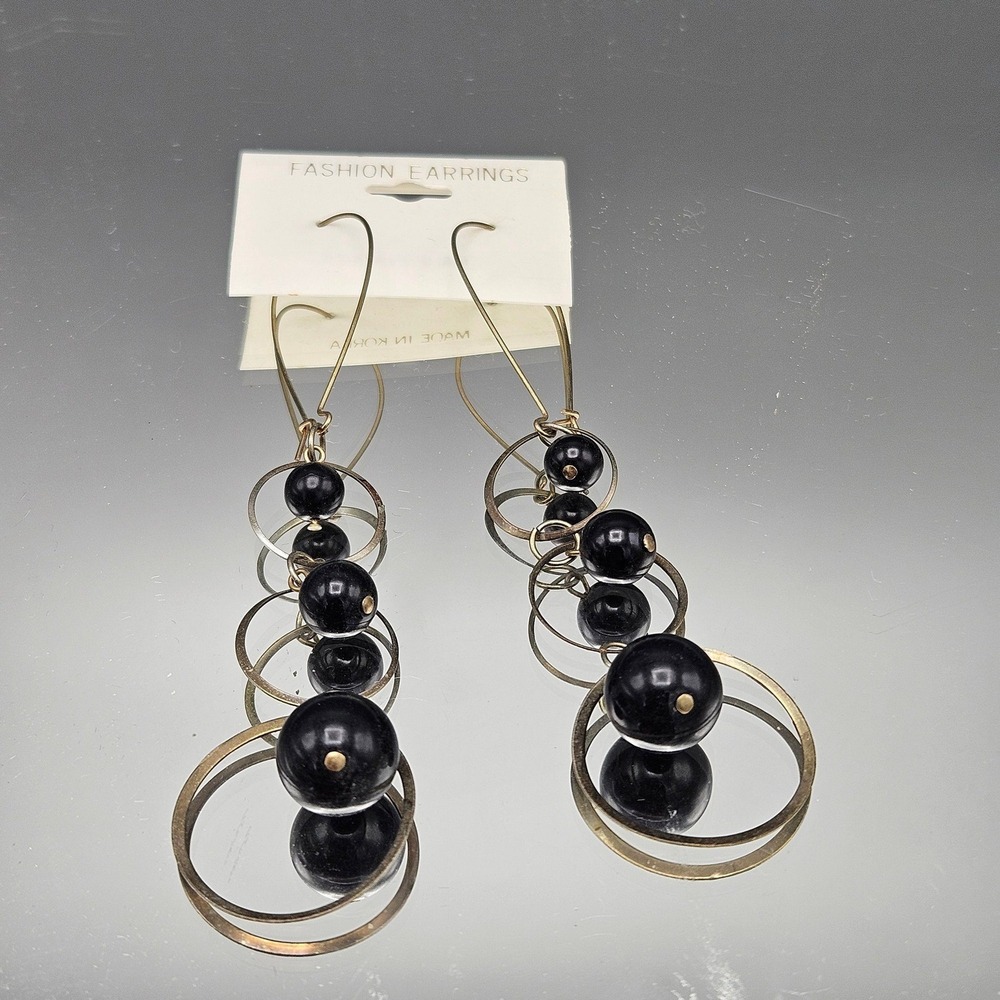 Fashion Earrings Long Gold Tone Black Beaded Hoop Dangle Statement